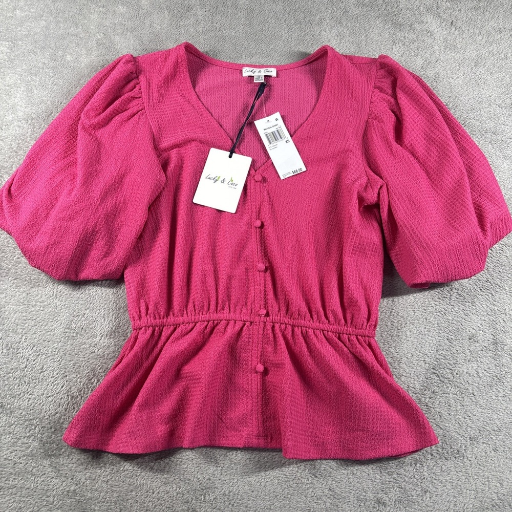 Lucky & Coco V Neck Puff Sleeve Pink Blouse Women's Size XS NWT MSRP: $68‎